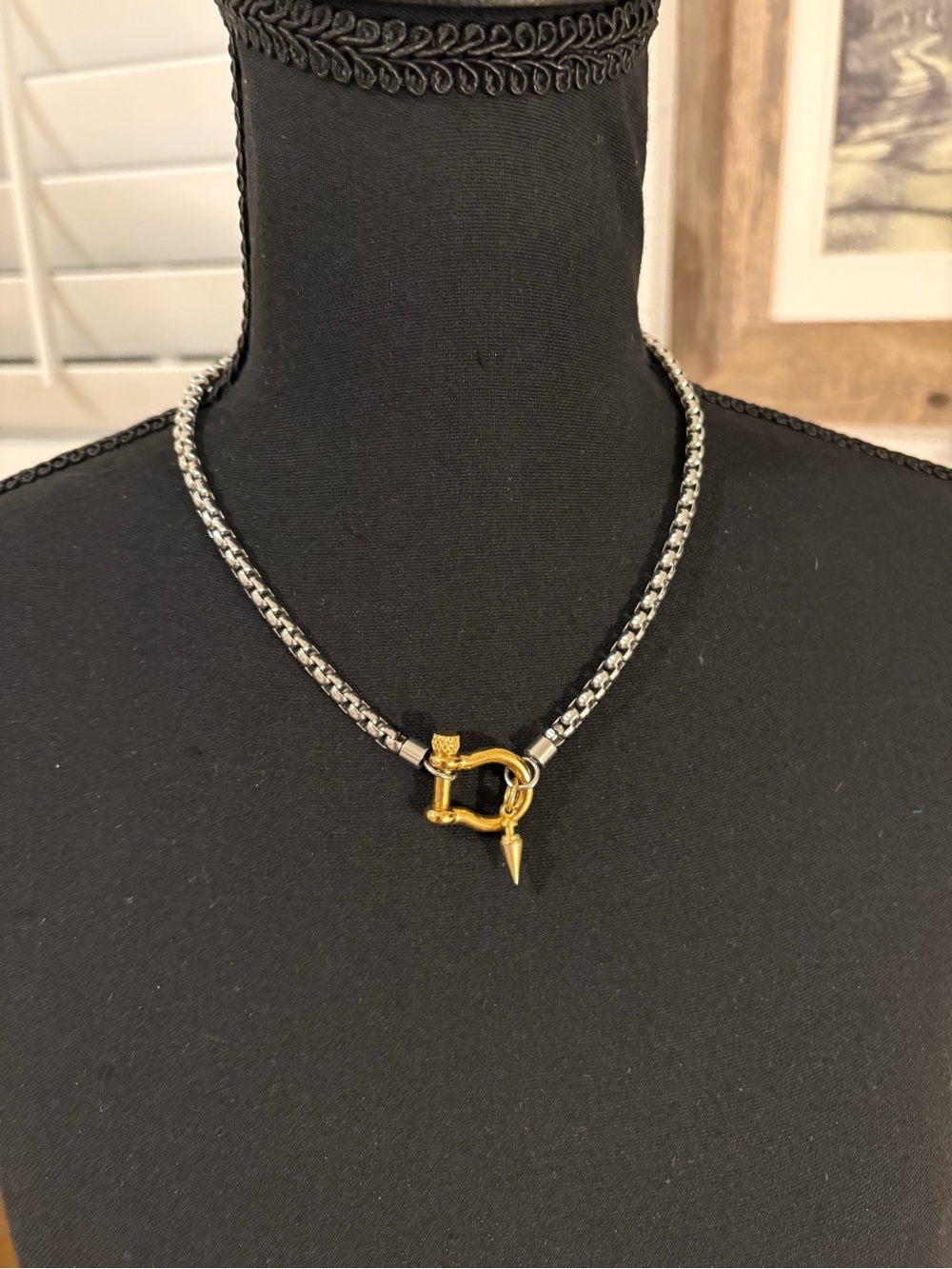 Two-Tone Chain Necklace with Gold Carabiner and Spike Charm - Picture 2 of 5
